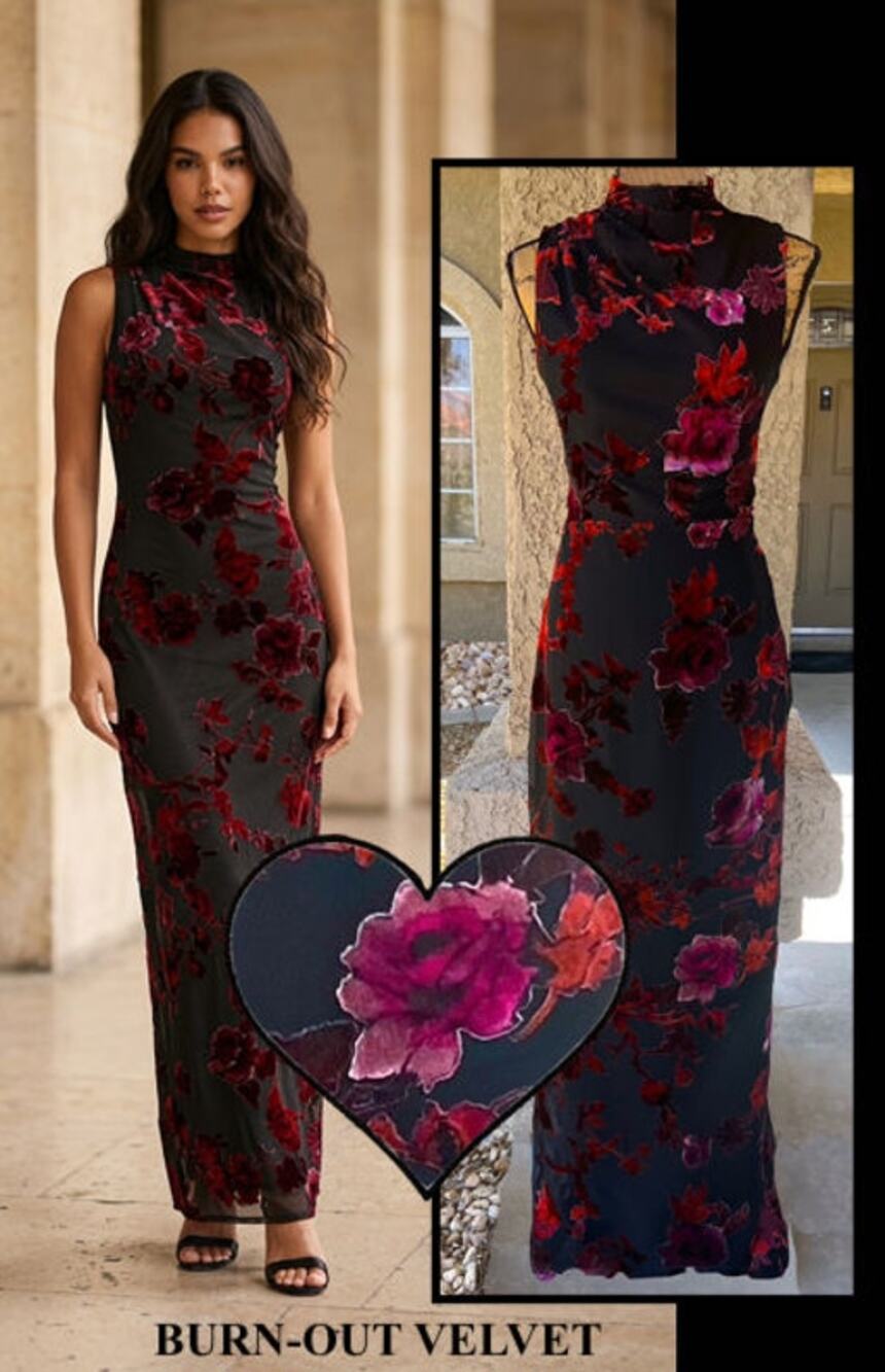 Lulus Black Burn Floral Velvet Mock Neck Composed Glamour Maxi Dress Size S